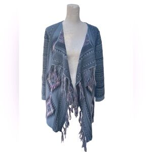 Vintage Aztec‎ Print Fringed Open Front Cardigan Women’s Size Large Purple Blue